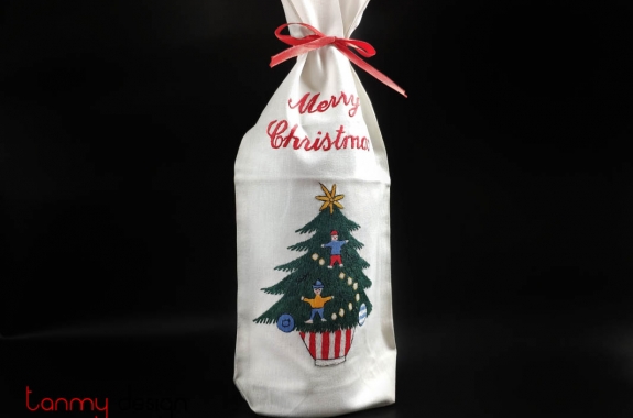   Christmas wine bottle cover-hand embroidered pine tree with pot